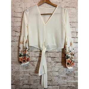 Prairie Top Womens Small Cream Floral Cropped Balloon Sleeve Peasant Boho Hippie